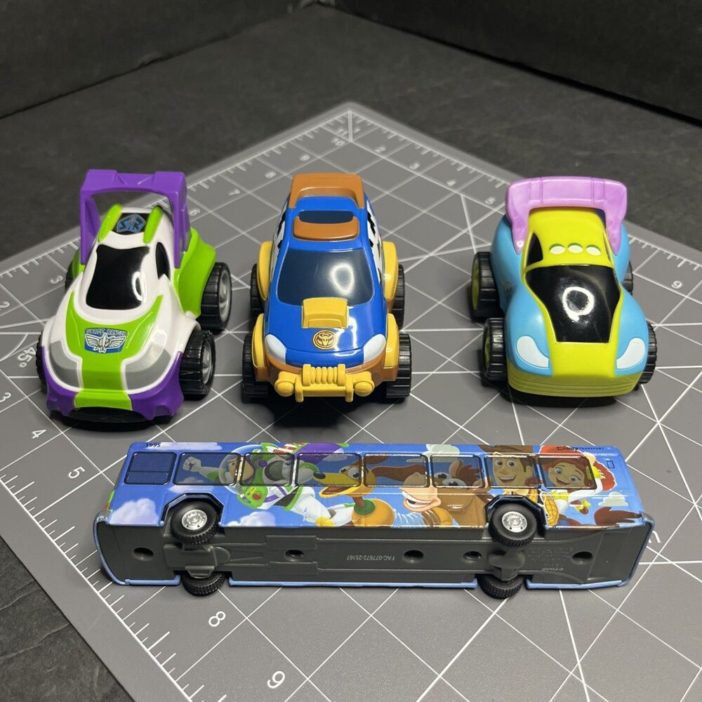 Disney Pixar Toy Story Push And Go Friction Cars Buzz, Woody Alien And Metal Bus